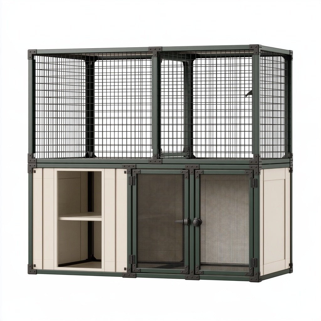 Katzengehege 120 x 60 x 180 cm aus Metall und Holzwerkstoff Grün Creme mit Gitterelementen und Stauraum