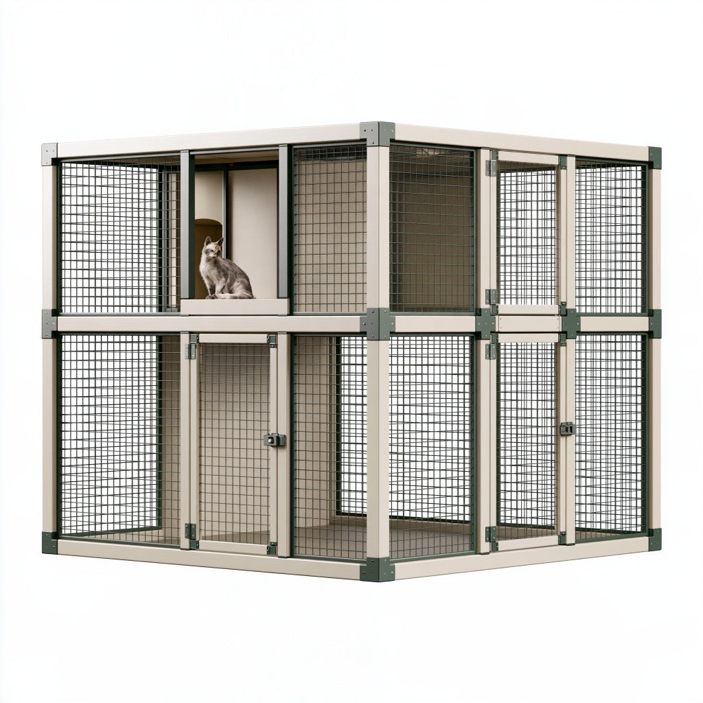 Katzengehege 180 x 90 x 180 cm Stahlgitter Beige Grün zweistöckig mit Türen