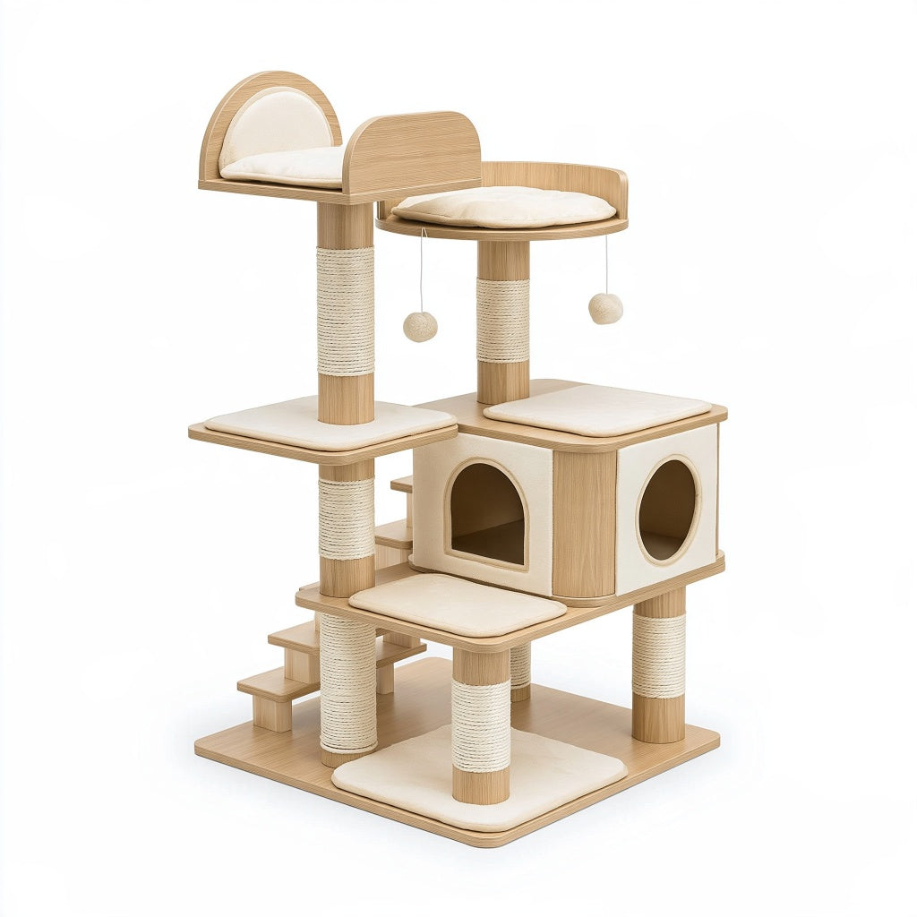 Kratzbaum 60 x 60 x 150 cm Holz Beige mit Sisal Kletter- und Ruheplatz