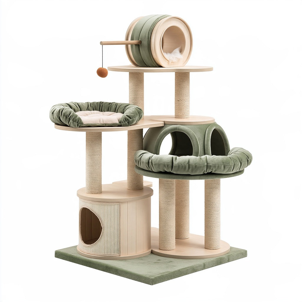 Kratzbaum 60 x 60 x 145 cm aus Holz Sisal und Textil in Grün Natur mit Höhlen und Liegeflächen
