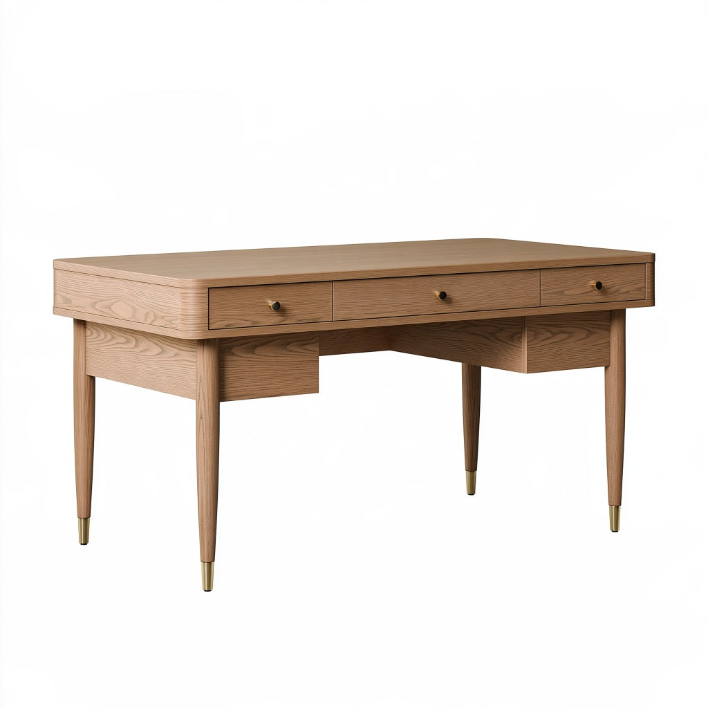 Schreibtisch 140 x 60 x 76 cm aus Holz in Naturbraun mit 3 Schubladen im Mid-Century-Stil