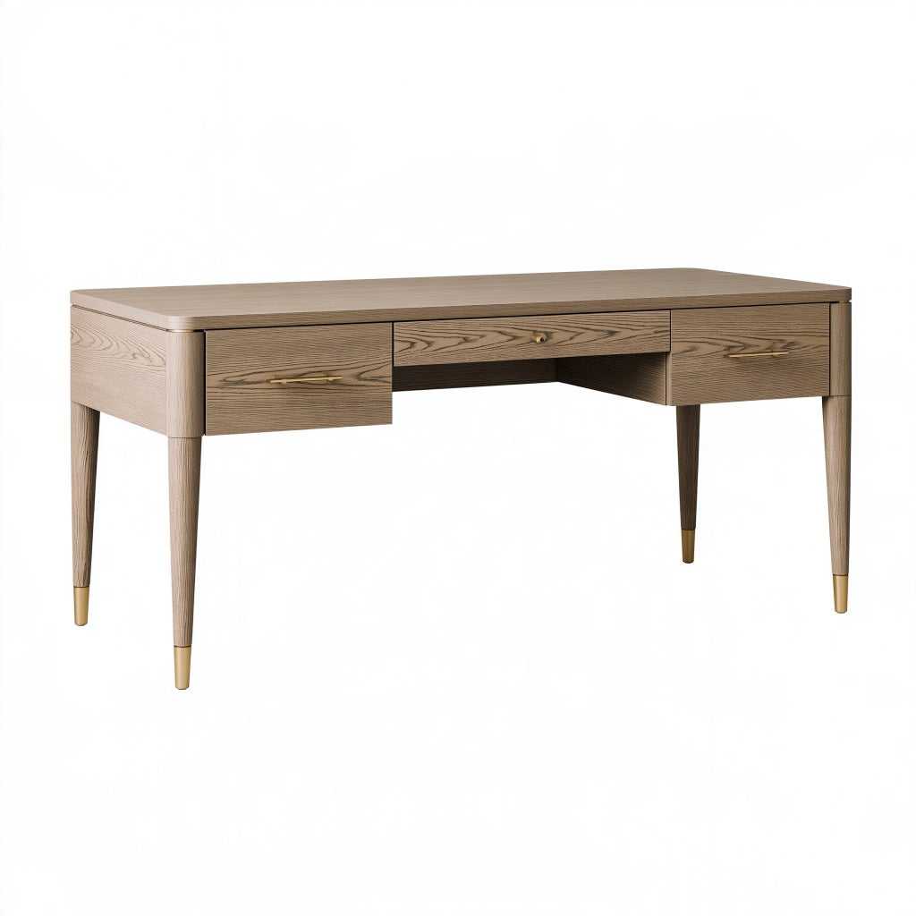 Schreibtisch 140 x 60 x 76 cm Holz Naturbraun mit 3 Schubladen Mid-Century-Stil
