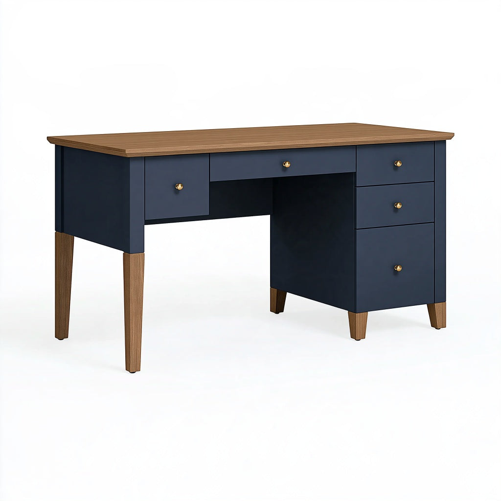 Schreibtisch 140 x 60 x 75 cm Holzwerkstoff Blau Braun mit 5 Schubladen
