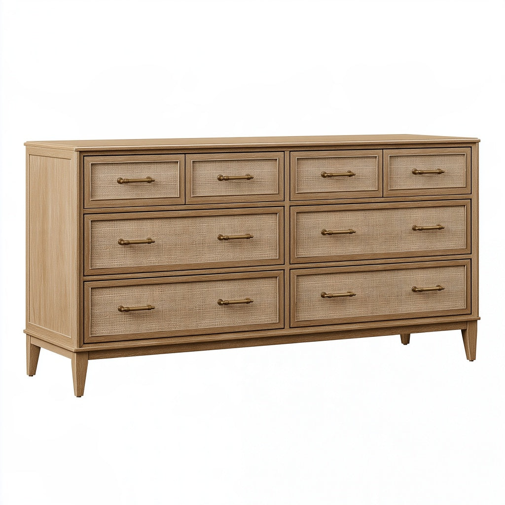 Kommode 160 x 45 x 90 cm Holz Natur mit Rattanfronten - 8 Schubladen im Retro-Stil