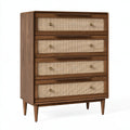 Kommode 90 x 45 x 120 cm aus Holz in Walnuss mit Rattangeflecht - 4 Schubladen Mid-Century Stil