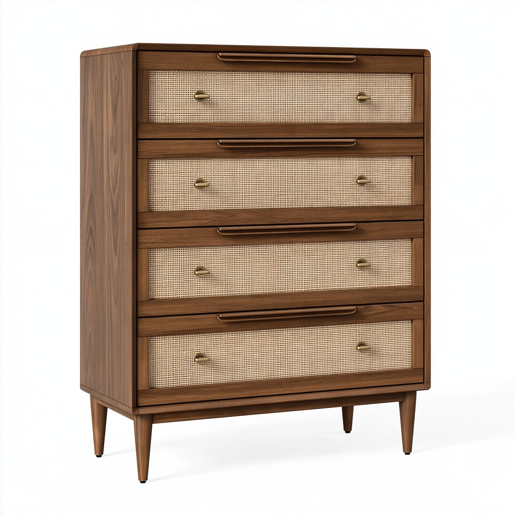 Kommode 90 x 45 x 120 cm aus Holz in Walnuss mit Rattangeflecht - 4 Schubladen Mid-Century Stil