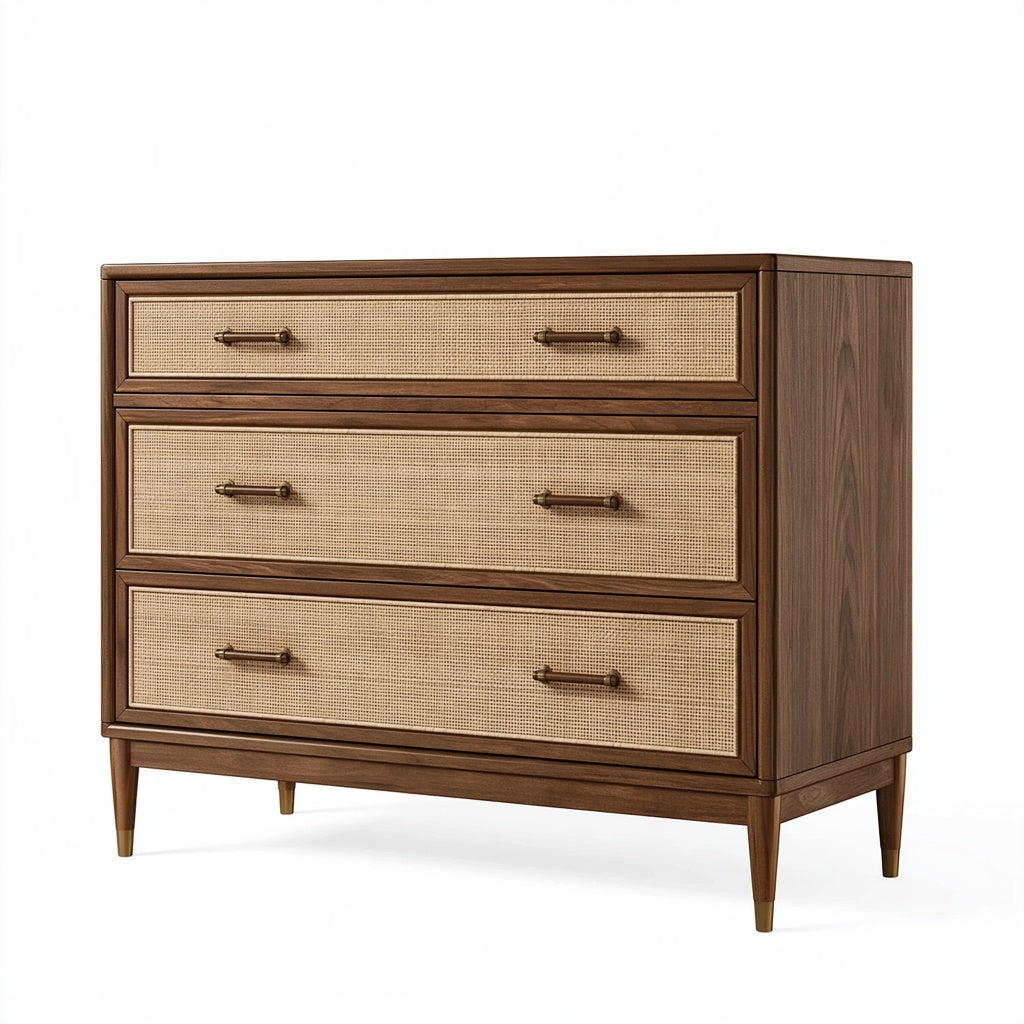 Kommode 120 x 45 x 90 cm Holz Rattangeflecht Braun Mid-Century-Stil mit 3 Schubladen