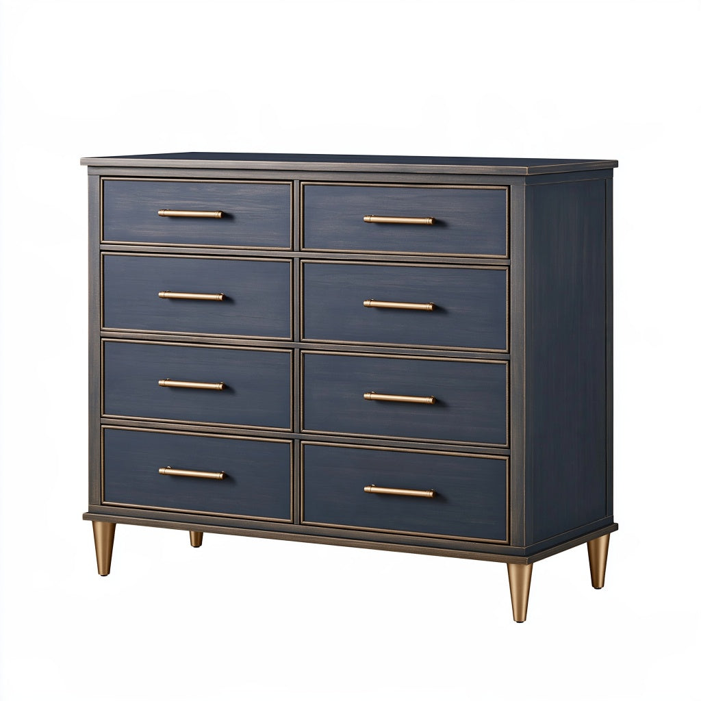 Kommode 120 x 40 x 90 cm aus Holz in Dunkelblau mit 8 Schubladen im klassischen Stil