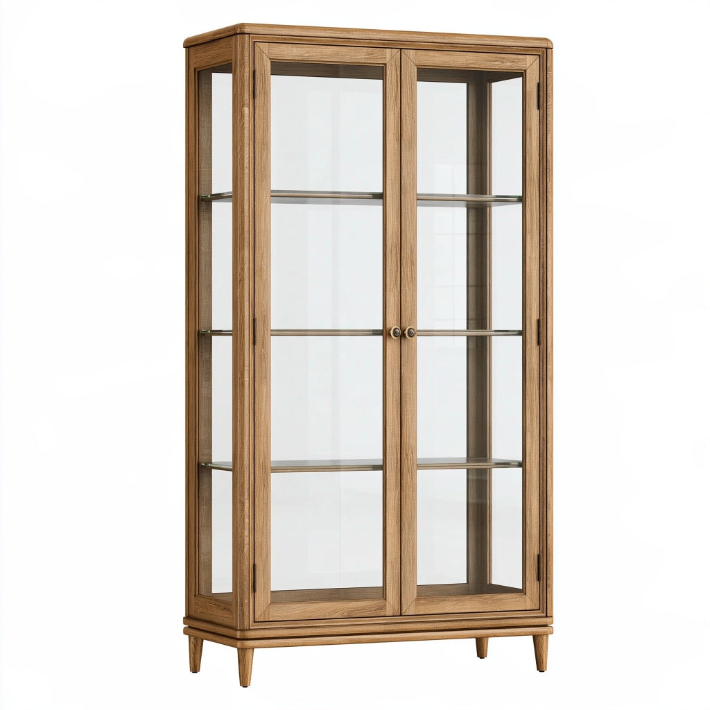 Vitrine 90 x 40 x 180 cm aus Holz und Glas Naturbraun mit 2 Türen im Landhausstil