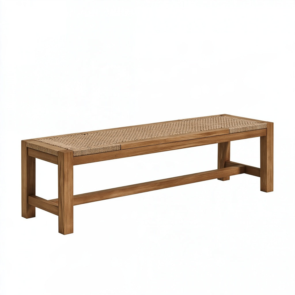 Sitzbank 120 x 35 x 45 cm Holz Naturbeige geflochtene Sitzfläche Landhausstil