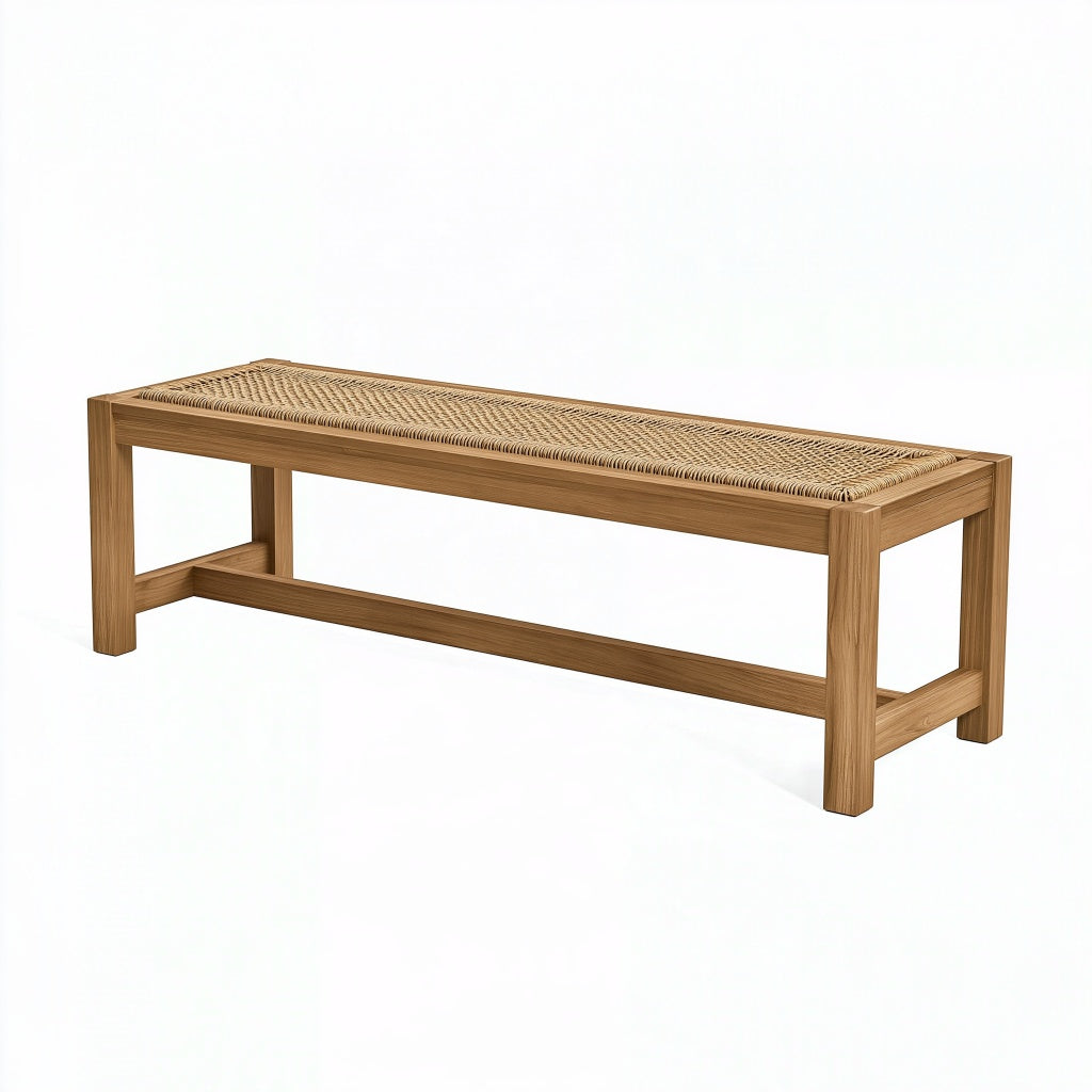 Sitzbank 140 x 40 x 45 cm aus Holz mit Rattangeflecht Natur im Landhausstil